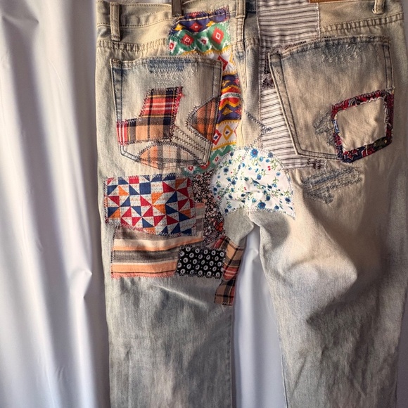 MNML Patchwork Denim Jeans Light Blue Wash Fabric Patches Button Fly Men's 36 - Picture 12 of 16